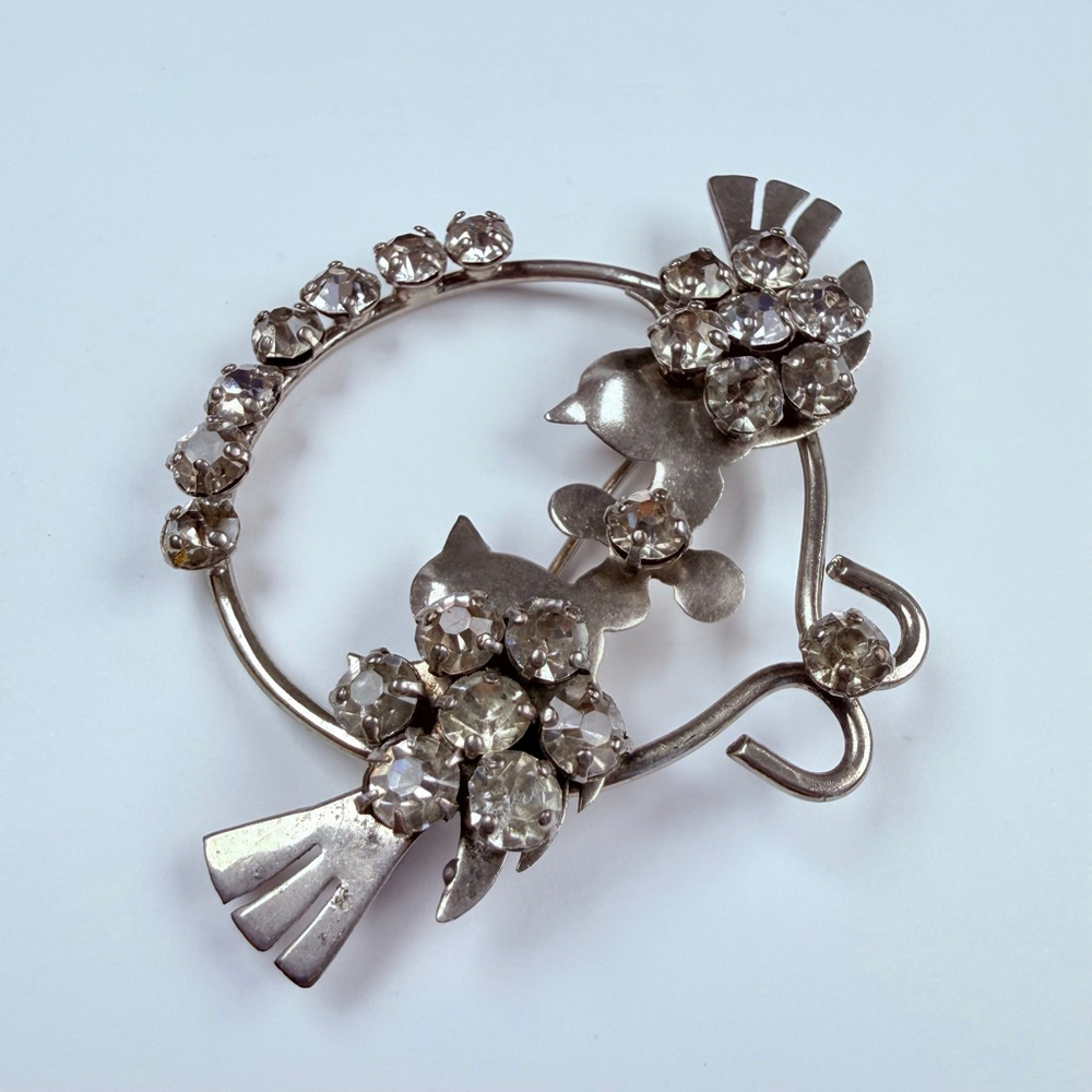 Lovebirds Figural Rhinestone Sterling Silver 925 Large Pin Brooch VTG Retro Era - Picture 2 of 7